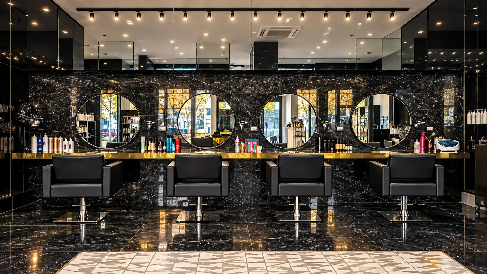 Postazioni Hair di Levita Group con specchi circolari e finiture in marmo nero